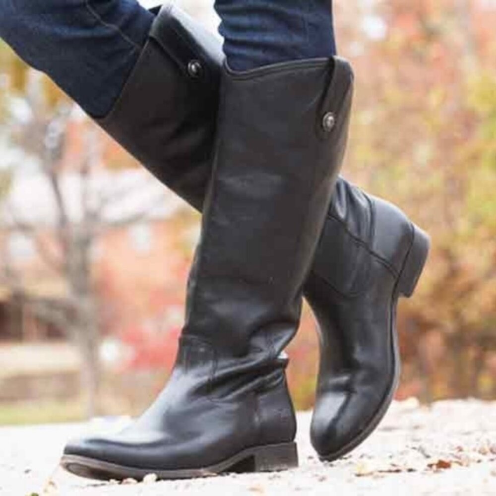 Frye 6-1/2" Genuine Black Leather Knee High Riding Boots with Low Heel